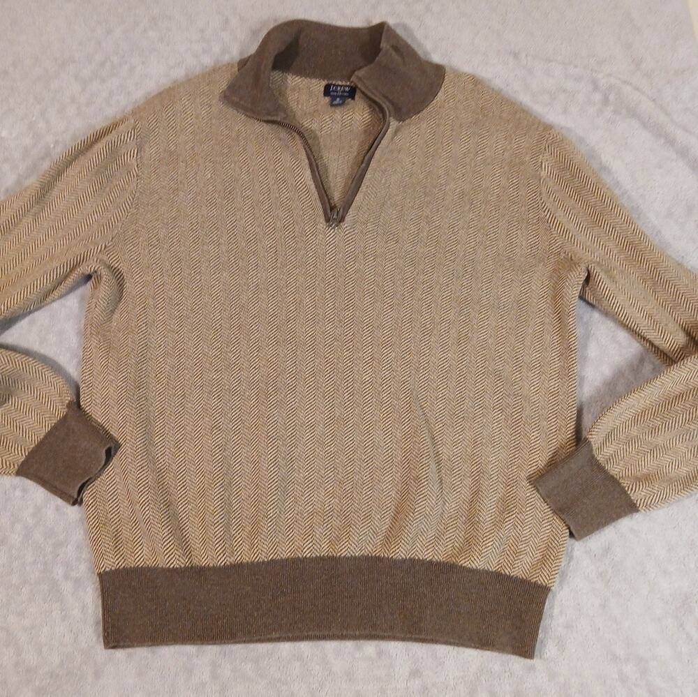J.Crew mens Quarter Zip Size S 100%Cotton Micro Herringbone Pattern Brown